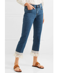 Tory Burch Connor Fringed Crochet Trimmed Mid Rise Straight Leg Jeans