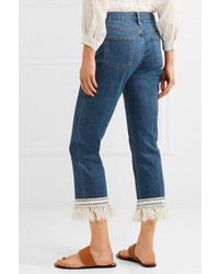 Tory Burch Connor Fringed Crochet Trimmed Mid Rise Straight Leg Jeans
