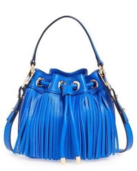 Blue Fringe Leather Bucket Bag