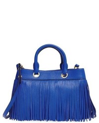 Blue Fringe Leather Tote Bag