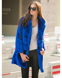 Choies Blue Quality Lapel Long Line Faux Fur Warm Coat