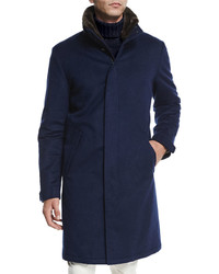 Loro Piana Icer Cashmere Coat With Fur Trimmed Collar Blue