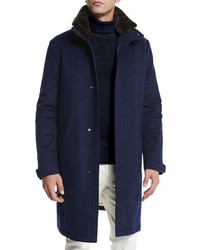 Loro Piana Icer Cashmere Coat With Fur Trimmed Collar Blue