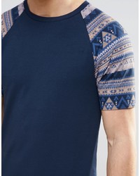 Asos Brand Muscle T Shirt With Geo Tribal Raglan Sleeves In Navy