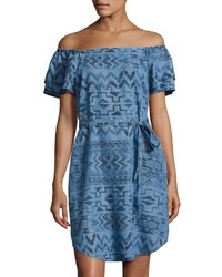 Blue Geometric Denim Off Shoulder Dress
