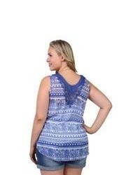 Deb Plus Size High Low Aztec Print Tank Top With Crochet Back Patch Royal Blue
