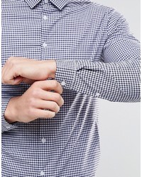 Asos Brand Skinny Shirt In Navy Double Gingham Check With Long Sleeves