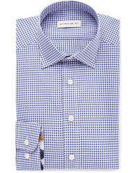 Etro Navy Slim Fit Cutaway Collar Gingham Cotton Shirt