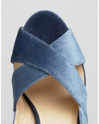 Daisy Street Blue Crushed Velvet Platform Heeled Sandals