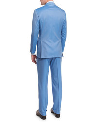 Kiton Two Piece Herringbone 170s Wool Suit Light Blue