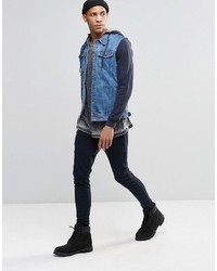 Pull&Bear Denim Jacket With Jersey Hoodie In Navy