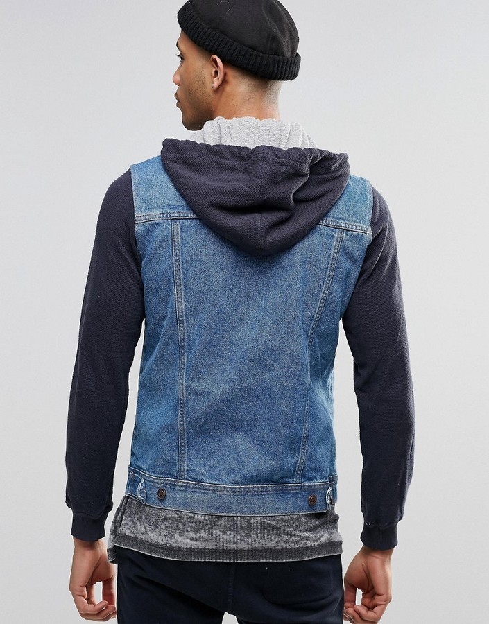 Pull&Bear Denim Jacket With Jersey Hoodie In Navy