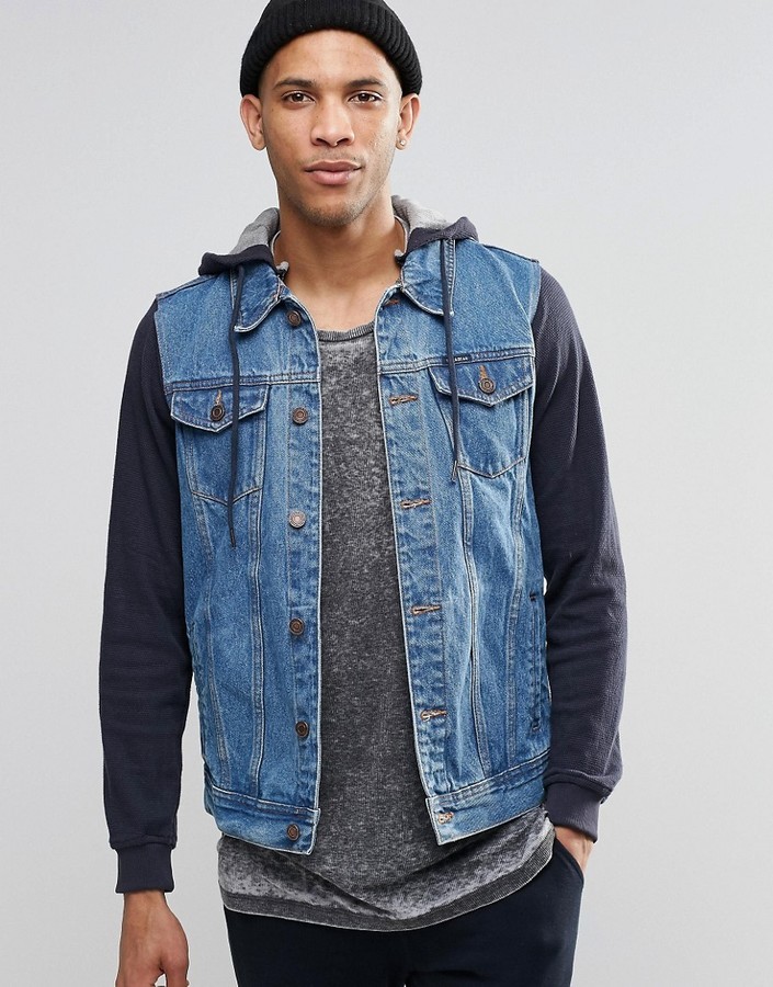 implicit New meaning Typically Pull&Bear Denim Jacket With Jersey Hoodie In Navy, $45 | Asos | Lookastic