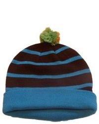 Aquarius Boys Colorful Knit Striped Blue Brown Beanie Pom Pom Hat Stocking Cap