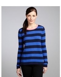 Hayden Navy Royal Blue Stripe And Neon Flamingo Colorblock Cashmere Crewneck Sweater