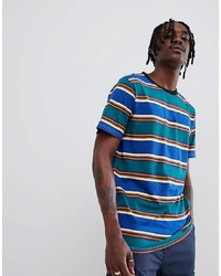 Globe Stripe T Shirt With Chest Embroidery In Ombre Blue