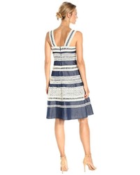 Adrianna Papell Chambray Fit And Flare Dress With Contrast Striped Lace Trims Dress