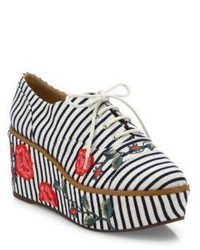 Schutz Mila Grace Striped Embroidered Leather Trimmed Oxfords
