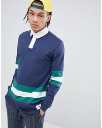 Blue Horizontal Striped Polo Neck Sweater