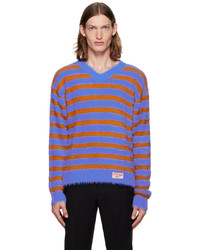 Blue Horizontal Striped V-neck Sweater