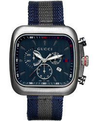 Gucci Watch Swiss Chronograph Coupe Blue And Gray Stripe Nylon Strap 44mm Ya131203