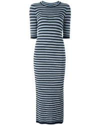 Blue Horizontal Striped Wool Midi Dress