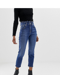 Asos Petite Asos Design Petite Farleigh Slim Mom Jeans With Frill Waistband In Mid Wash Blue