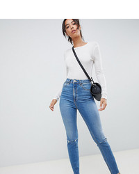 Asos Tall Asos Design Tall Farleigh High Waist Slim Mom Jeans In Mid Stonewash Blue With Rips