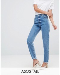 Asos Tall Asos Tall Florence Authentic Straight Leg Jeans In Mid Wash Blue With Stepped Waistband And Raw Hem