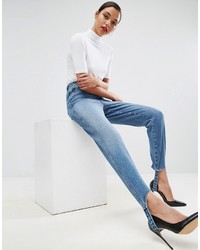 Asos Authentic Rigid Mom Jeans In Mid Wash With Stirrup Hem