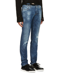 Dolce & Gabbana Blue Embroidered Distressed Jeans