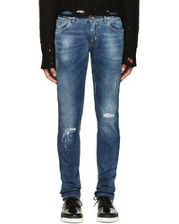 Dolce & Gabbana Blue Embroidered Distressed Jeans