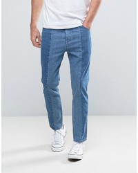 Asos Bow Leg Ankle Grazer Jeans With Raw Hem Detail In Mid And Light Blue Panels