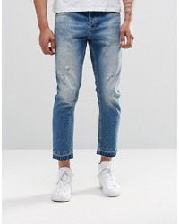 Asos Brand Slim Cropped Jeans With Abrasions In Mid Blue