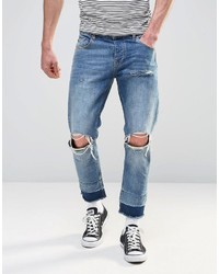 Asos Brand Slim Cropped Jeans With Knee Rips In Light Wash
