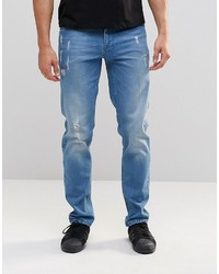 Asos Brand Stretch Slim Jeans With Abrasions In Light Wash Blue