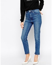 Asos Collection Farleigh High Waist Slim Mom Jeans In Mid Wash Blue