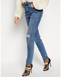 Asos Collection Farleigh High Waist Slim Mom Jeans In Vintage Wash With Thigh Rip
