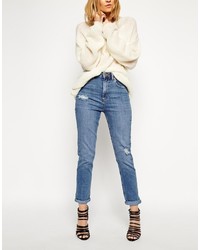 Asos Collection Farleigh High Waist Slim Mom Jeans In Vintage Wash With Thigh Rip