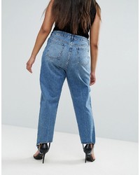 Asos Curve Curve Authentic Rigid Mom Jeans In Mid Wash With Stirrup Hem