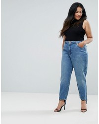 Asos Curve Curve Authentic Rigid Mom Jeans In Mid Wash With Stirrup Hem