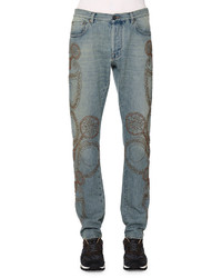 Valentino Embroidered Five Pocket Denim Jeans Light Blue