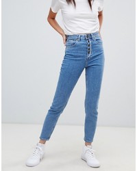ASOS DESIGN Farleigh High Waist Slim Mom Jeans In Aged Light Stonewash Blue With Exposed Fly Detail