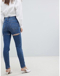 ASOS DESIGN Farleigh High Waist Slim Mom Jeans In Dark Stone Wash With Bum Rips