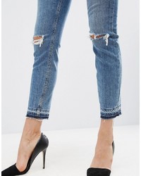 Asos Farleigh High Waist Slim Mom Jeans In Hawthorn Mid Stonewash With Busted Knees And Let Down Hems