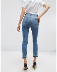 Asos Farleigh High Waist Slim Mom Jeans In Hawthorn Mid Stonewash With Busted Knees And Let Down Hems