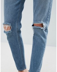 Asos Farleigh High Waist Slim Mom Jeans In Prince Wash With Busted Knees