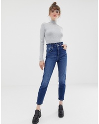 ASOS DESIGN Farleigh Slim Mom Jeans With Frill Waist Band In Mid Wash Blue