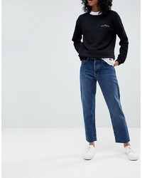 ASOS DESIGN Florence Authentic Straight Leg High Waisted Jeans In Dark Stone Wash With Raw Hem Detail