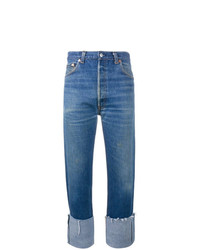 RE/DONE High Rise Straight Leg Blue Jeans With Turned Up Cuffs